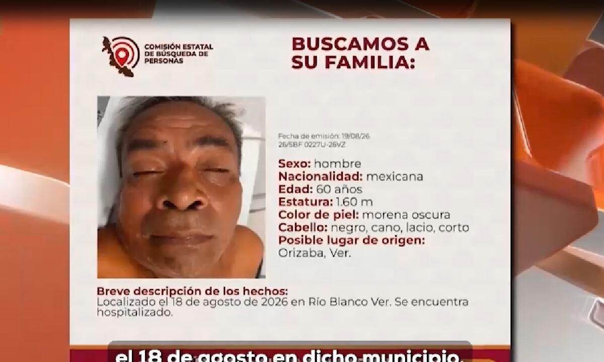 ¡SIN IDENTIFICACIÓN! Buscan a familiares de hombre de casi 60 años localizado en Río Blanco, Veracruz