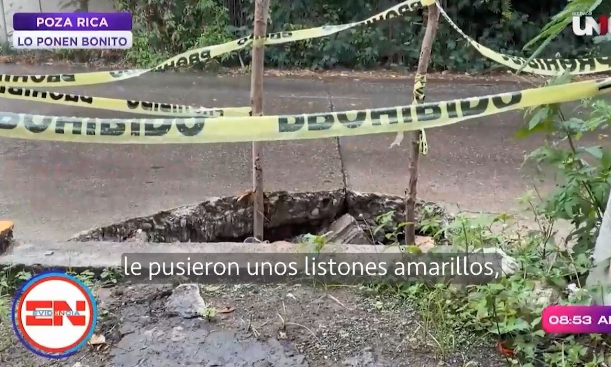 ¡LO DECORARON! Ponen listones a ENORME SOCAVÓN que lleva semanas sin atención en Poza Rica
