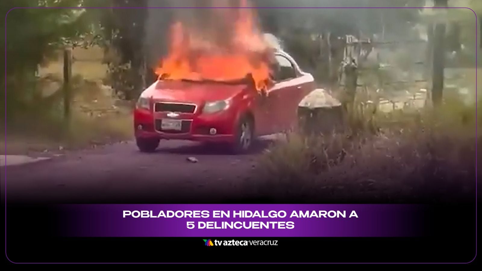¡Los atraparon! Pobladores en Hidalgo amaron a 5 delincuentes e incendiaron su vehículo (+Video)